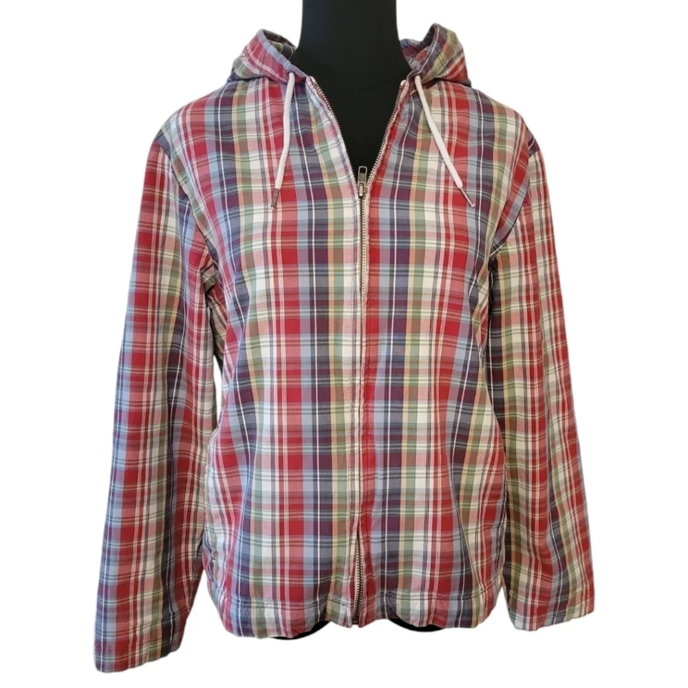 Eddie Bauer‎ red & Blue Cotton Plaid Hoodie Jacket Size Small